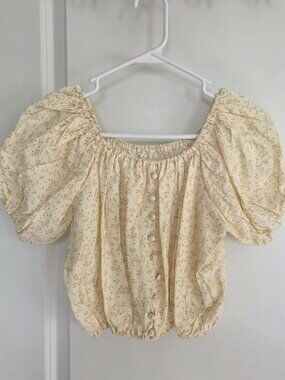 Yellow Floral Puff Sleeve Crop Top from Olive - One Size